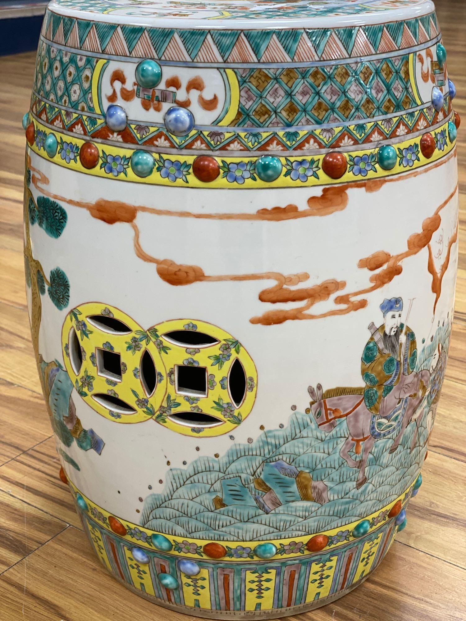 A Canton polychrome-decorated ceramic garden seat, 48cm high